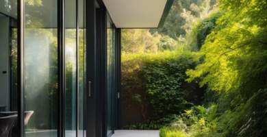 A modern outdoor walkway featuring large light-colored patio tiles, bordered by lush green plants and a dark garden wall, leading past sleek black-framed glass sliding doors of a contemporary home. Sunlight filters through the dense foliage, casting shadows on the clean pathway.
