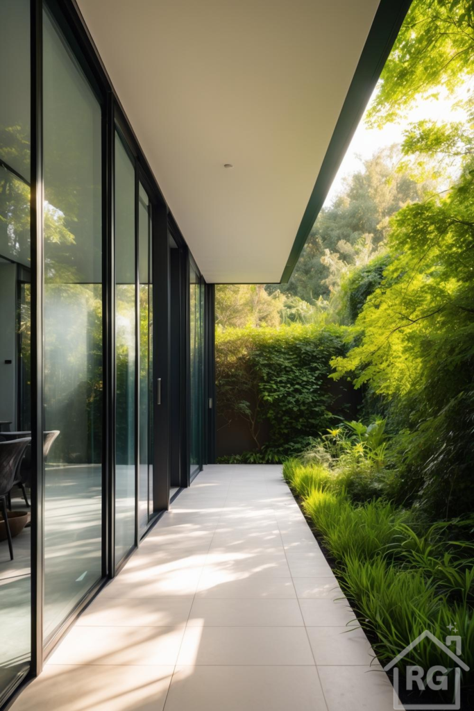 A modern outdoor walkway featuring large light-colored patio tiles, bordered by lush green plants and a dark garden wall, leading past sleek black-framed glass sliding doors of a contemporary home. Sunlight filters through the dense foliage, casting shadows on the clean pathway.