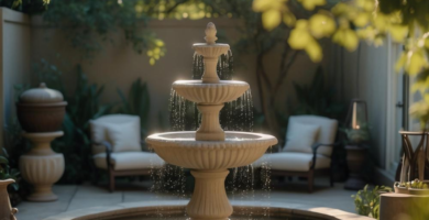 A tranquil Mediterranean-style courtyard featuring a large tiered stone fountain as the centerpiece, surrounded by light stone pavers and lush green foliage. Comfortable outdoor armchairs with cream cushions are visible in the background, set against a warm-toned wall.