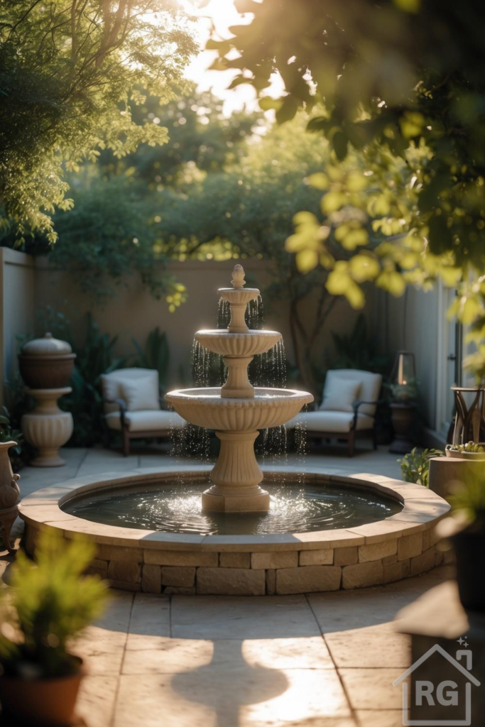 A tranquil Mediterranean-style courtyard featuring a large tiered stone fountain as the centerpiece, surrounded by light stone pavers and lush green foliage. Comfortable outdoor armchairs with cream cushions are visible in the background, set against a warm-toned wall.