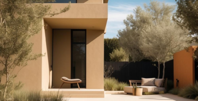 A modern desert landscape featuring a beige stucco house, a minimalist concrete patio with a light-colored outdoor lounge daybed, and drought-tolerant plants like olive trees and ornamental grasses under a clear blue sky.