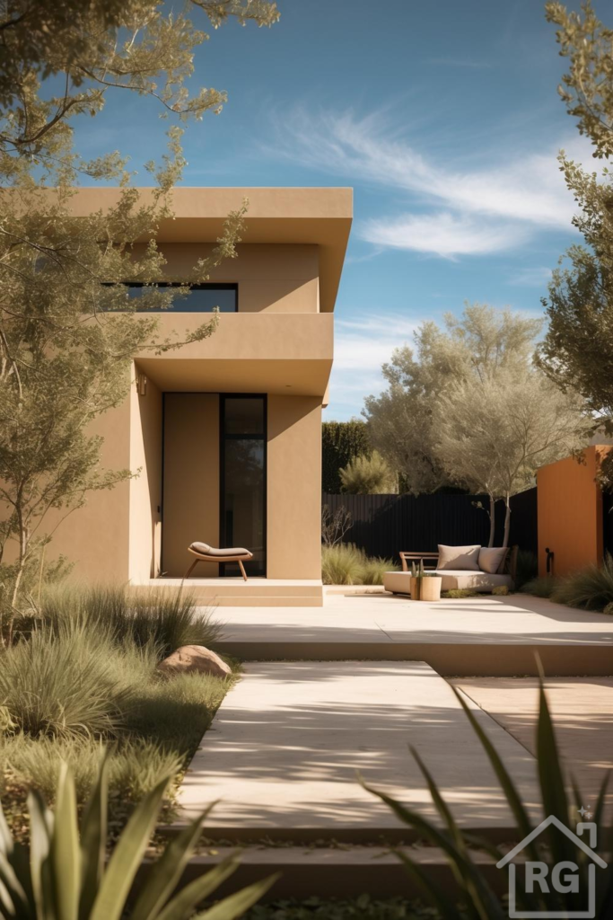 A modern desert landscape featuring a beige stucco house, a minimalist concrete patio with a light-colored outdoor lounge daybed, and drought-tolerant plants like olive trees and ornamental grasses under a clear blue sky.