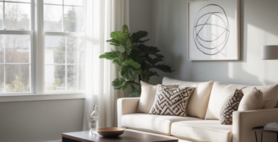 Bright and modern living room featuring a cream-colored sofa with patterned throw pillows, a dark wood coffee table, and a large window with sheer white curtains. Natural light fills the space, highlighting the indoor plant and minimalist abstract wall art.