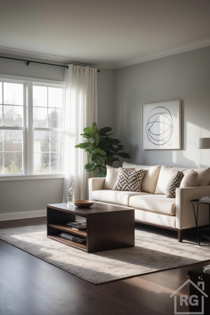 Bright and modern living room featuring a cream-colored sofa with patterned throw pillows, a dark wood coffee table, and a large window with sheer white curtains. Natural light fills the space, highlighting the indoor plant and minimalist abstract wall art.