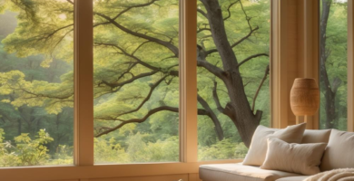 A bright and inviting sunroom with large windows overlooking a lush green forest. The room features a cream sectional sofa, a round woven rattan coffee table, and soft neutral textiles, creating a serene and nature-connected living space.