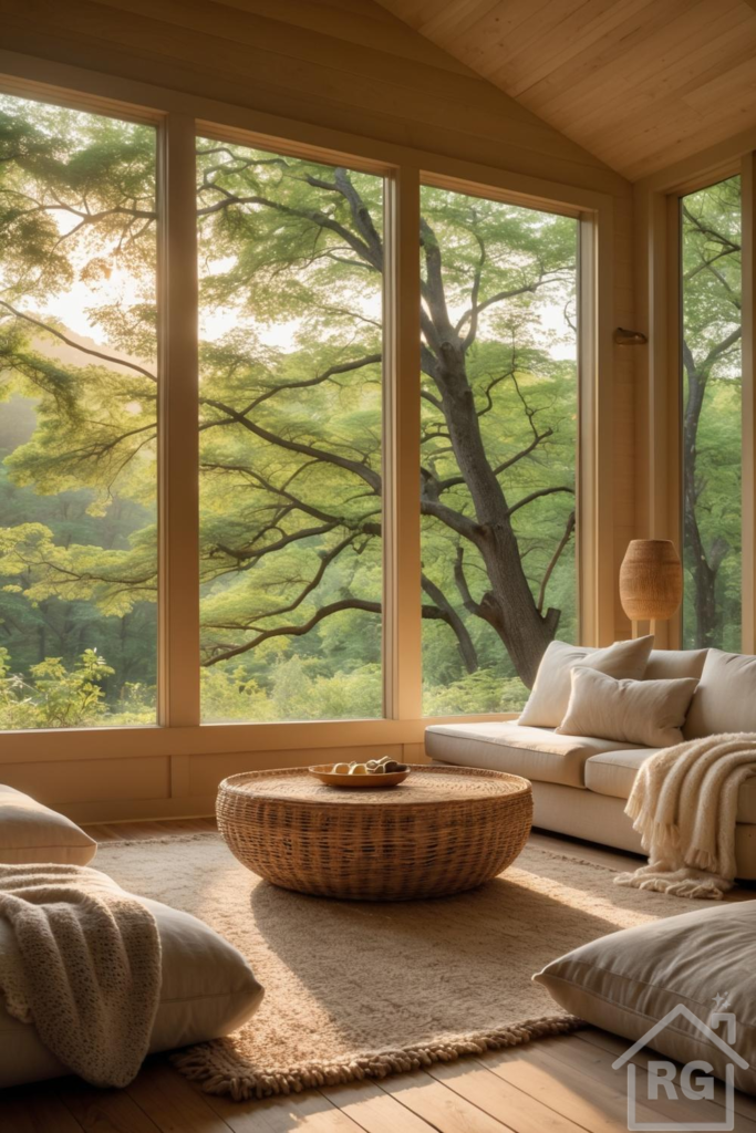 A bright and inviting sunroom with large windows overlooking a lush green forest. The room features a cream sectional sofa, a round woven rattan coffee table, and soft neutral textiles, creating a serene and nature-connected living space.