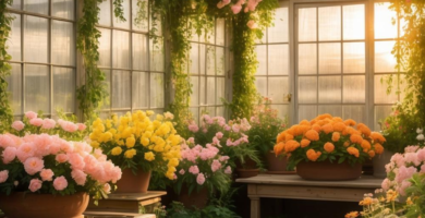 A sunlit greenhouse filled with an abundance of vibrant pink, yellow, and orange flowering plants in terracotta pots, arranged on rustic wooden potting benches, with climbing green vines and pink roses adorning the glass structure.