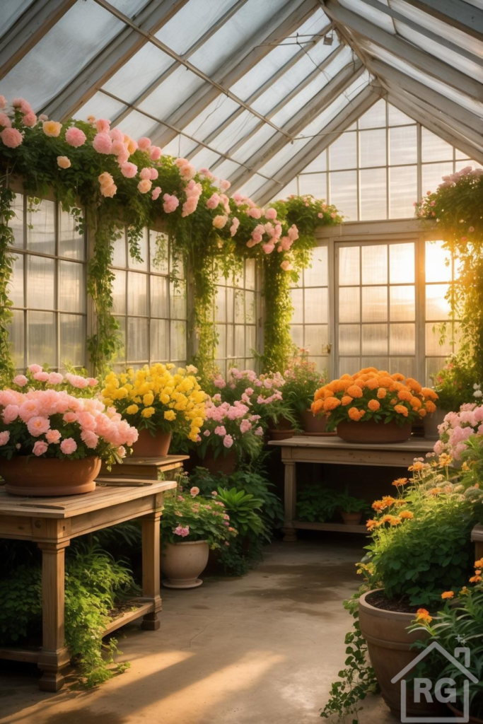A sunlit greenhouse filled with an abundance of vibrant pink, yellow, and orange flowering plants in terracotta pots, arranged on rustic wooden potting benches, with climbing green vines and pink roses adorning the glass structure.