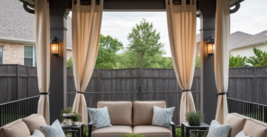 A luxurious covered outdoor patio living room featuring dark brown wicker furniture with beige cushions, light blue accent pillows, a geometric blue and beige outdoor rug, and cream outdoor curtains. The space is illuminated by a ceiling fan light and wall sconces, set on light-colored patio pavers with a dark wooden privacy fence in the background.