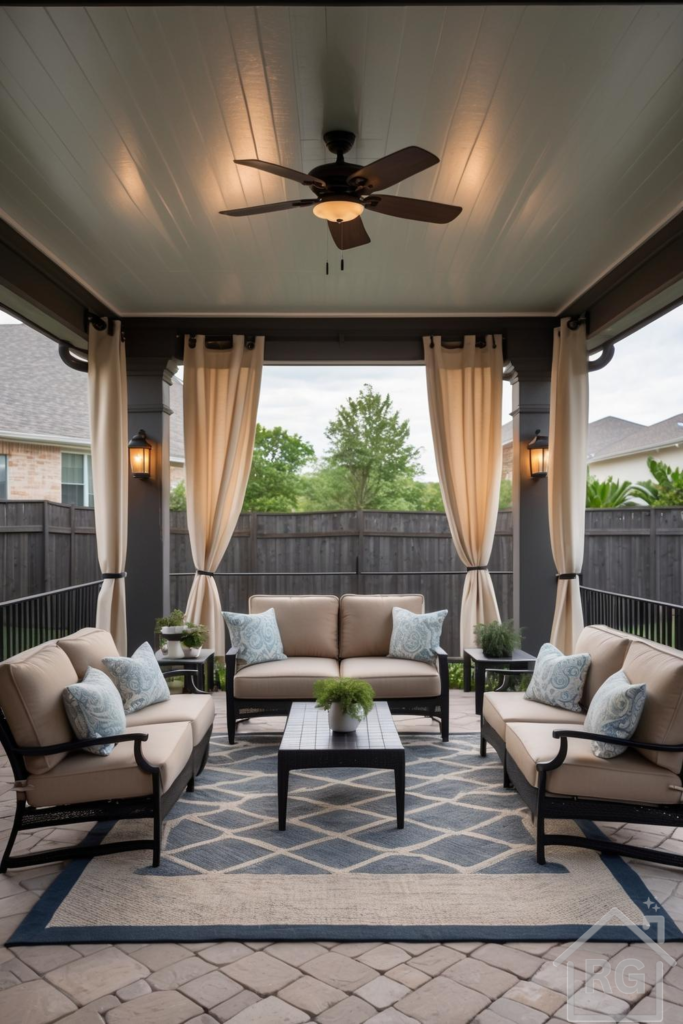 A luxurious covered outdoor patio living room featuring dark brown wicker furniture with beige cushions, light blue accent pillows, a geometric blue and beige outdoor rug, and cream outdoor curtains. The space is illuminated by a ceiling fan light and wall sconces, set on light-colored patio pavers with a dark wooden privacy fence in the background.