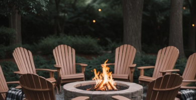A cozy outdoor fire pit area at dusk, featuring a circular stone fire pit surrounded by several wooden Adirondack chairs on a pea gravel base. Lush green trees and shrubs provide a natural backdrop, with subtle string lights visible in the distance.