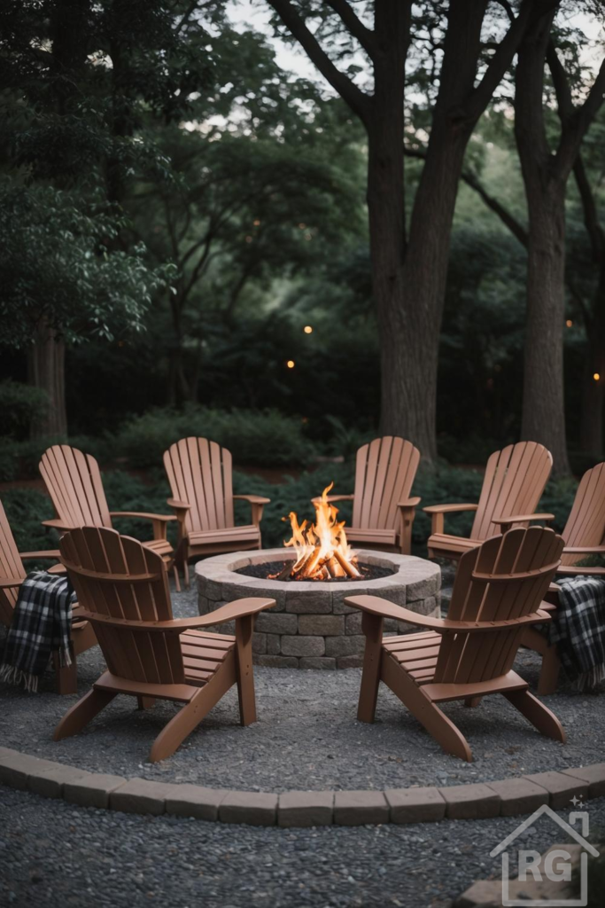 A cozy outdoor fire pit area at dusk, featuring a circular stone fire pit surrounded by several wooden Adirondack chairs on a pea gravel base. Lush green trees and shrubs provide a natural backdrop, with subtle string lights visible in the distance.