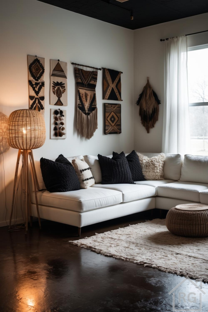 A cozy living room featuring a white L-shaped sectional sofa adorned with black and cream textured pillows, a large shaggy rug, and a woven rattan floor lamp. The walls are decorated with various tribal-inspired textile wall hangings, and a dark polished floor adds depth to the space.