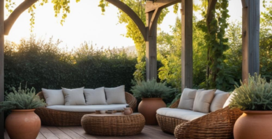 A warm and inviting outdoor patio featuring a large wooden pergola covered in green vines, a natural wood deck, and a curved wicker sofa set with light cushions. Large terracotta planters with lush greenery are placed around the seating area, creating a comfortable and shaded retreat.