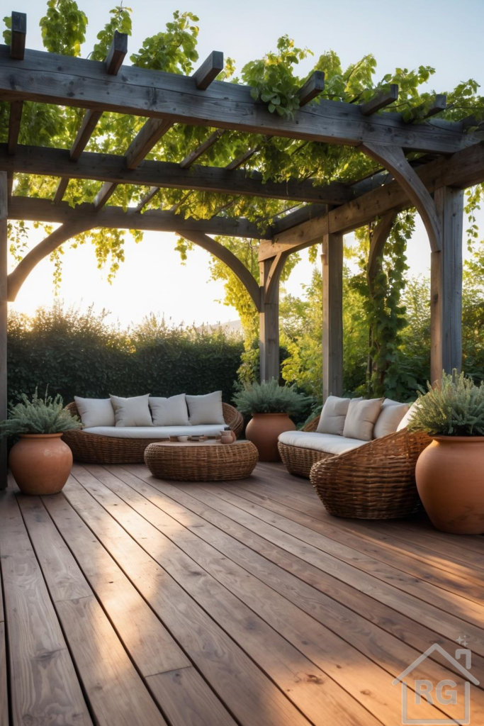 A warm and inviting outdoor patio featuring a large wooden pergola covered in green vines, a natural wood deck, and a curved wicker sofa set with light cushions. Large terracotta planters with lush greenery are placed around the seating area, creating a comfortable and shaded retreat.