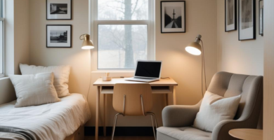 A minimalist Japandi-style college dorm room featuring a platform bed with storage, a light wood desk and chair, a comfortable grey armchair, and a textured area rug. The room is decorated with neutral tones, natural wood, and black-framed art, creating a calm and functional living space.