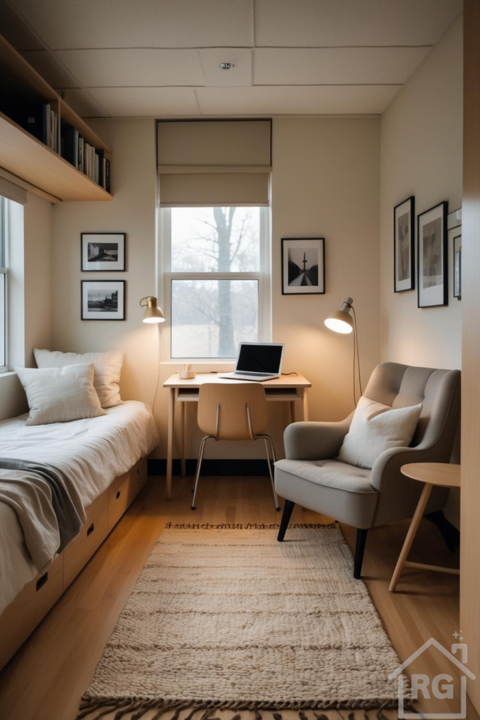 A minimalist Japandi-style college dorm room featuring a platform bed with storage, a light wood desk and chair, a comfortable grey armchair, and a textured area rug. The room is decorated with neutral tones, natural wood, and black-framed art, creating a calm and functional living space.