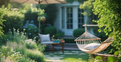 A serene and lush garden path leads to a cozy outdoor seating area with a patio umbrella and a comfortable hammock, set against the backdrop of a charming white house.