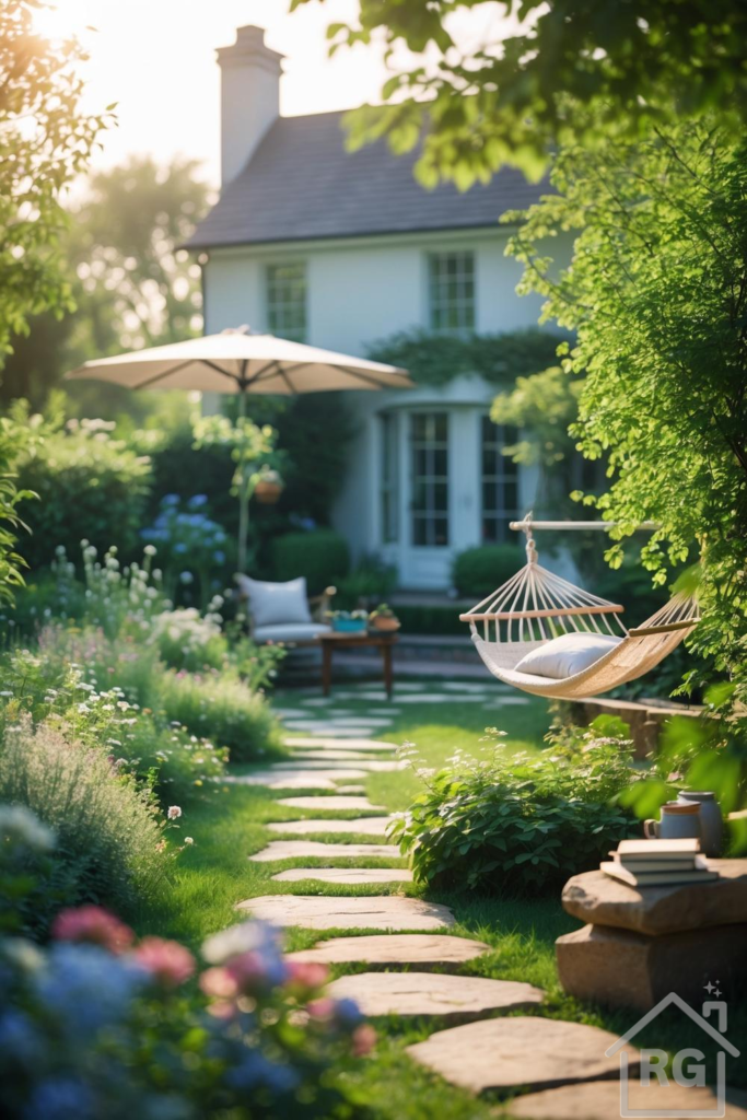 A serene and lush garden path leads to a cozy outdoor seating area with a patio umbrella and a comfortable hammock, set against the backdrop of a charming white house.