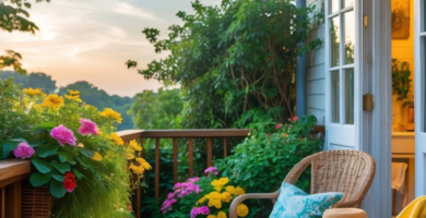 A charming cottage balcony at sunset, featuring weathered wooden decking and railing, comfortable wicker chairs with cushions, and abundant colorful flowering plants in wicker baskets. The scene is illuminated by the warm glow from inside the house and a soft sunset sky.