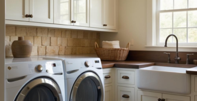 A bright and organized modern farmhouse laundry room featuring creamy white shaker cabinets, dark wood countertops, and a large white farmhouse sink. Two front-load washing machines are visible alongside a natural stone backsplash and a woven jute rug on dark wood floors.
