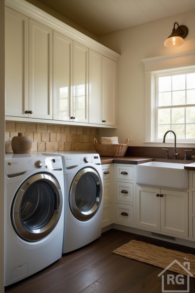 A bright and organized modern farmhouse laundry room featuring creamy white shaker cabinets, dark wood countertops, and a large white farmhouse sink. Two front-load washing machines are visible alongside a natural stone backsplash and a woven jute rug on dark wood floors.