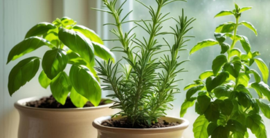 Three potted herb plants, including basil and rosemary, sit on a white windowsill, bathed in natural light from a large window. The ceramic pots are a warm beige, contrasting with the vibrant green foliage.