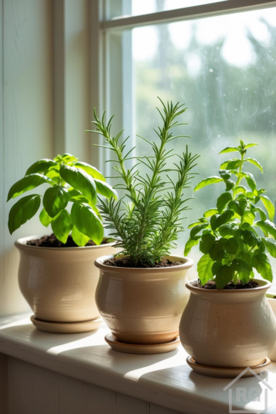 Three potted herb plants, including basil and rosemary, sit on a white windowsill, bathed in natural light from a large window. The ceramic pots are a warm beige, contrasting with the vibrant green foliage.
