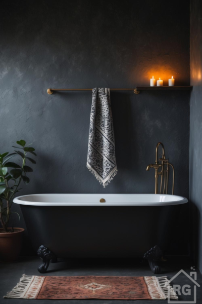 A moody dark bohemian bathroom featuring a black clawfoot bathtub against a textured charcoal wall. Brass fixtures, a patterned rug, and glowing candles create a warm, inviting atmosphere.