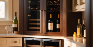 A luxurious built-in dark wood wine cabinet with glass doors and internal lighting, positioned above two stainless steel wine coolers in a modern kitchen. Creamy white lower cabinets and a light countertop surround the wine storage area, with a window and hardwood floor visible.