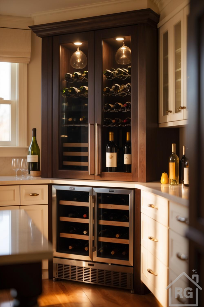 A luxurious built-in dark wood wine cabinet with glass doors and internal lighting, positioned above two stainless steel wine coolers in a modern kitchen. Creamy white lower cabinets and a light countertop surround the wine storage area, with a window and hardwood floor visible.