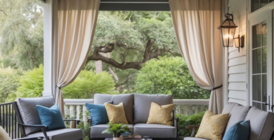 A beautifully decorated covered patio features grey outdoor furniture with blue and yellow accent pillows, a large blue patterned rug, and beige drapes. A ceiling fan and wall lantern provide comfort and ambiance, overlooking lush green landscaping.