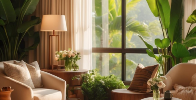 A bright and airy living room featuring two cream-colored armchairs, a matching ottoman, and several large green potted plants. The room is bathed in natural light from a large window, showcasing a warm-toned area rug and wooden furniture.