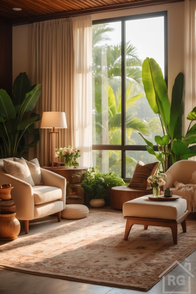 A bright and airy living room featuring two cream-colored armchairs, a matching ottoman, and several large green potted plants. The room is bathed in natural light from a large window, showcasing a warm-toned area rug and wooden furniture.