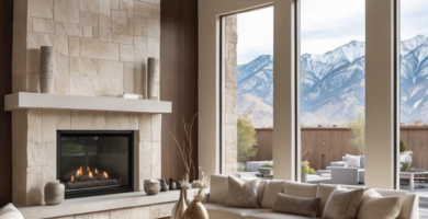 A spacious, high-ceiling living room featuring a large stone fireplace, cream-colored sectional sofas, and a dark wood coffee table. Tall windows offer a panoramic view of snow-capped mountains, creating a luxurious and inviting atmosphere.