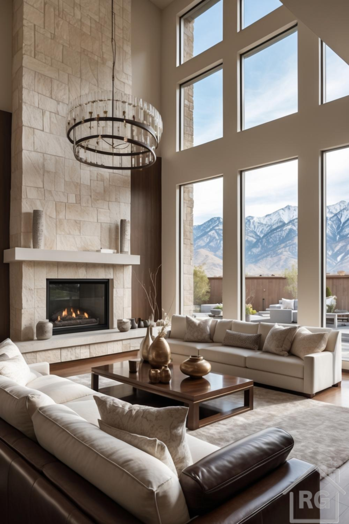 A spacious, high-ceiling living room featuring a large stone fireplace, cream-colored sectional sofas, and a dark wood coffee table. Tall windows offer a panoramic view of snow-capped mountains, creating a luxurious and inviting atmosphere.