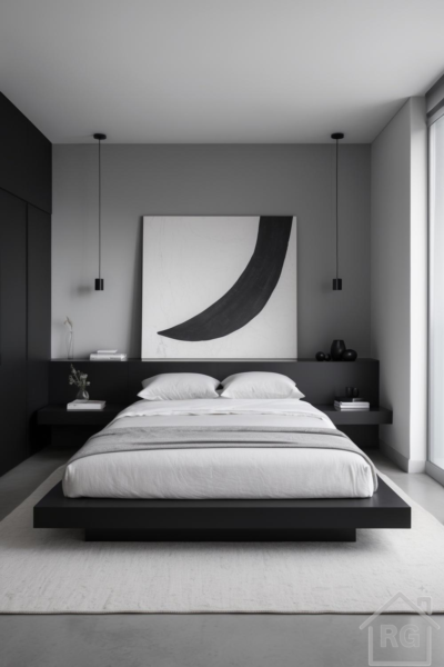 A minimalist bedroom featuring a black platform bed with white bedding and a gray throw blanket. A large abstract black and white painting hangs above the integrated black headboard, flanked by two black pendant lights, all set against a cool gray wall.