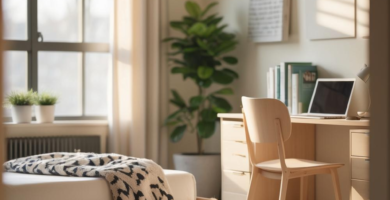 A bright and airy college dorm room featuring a light wood bed frame with a patterned throw blanket, a shaggy beige rug, and a matching light wood desk and chair. A large potted plant sits beside the desk, and natural light streams in through a large window with sheer curtains.