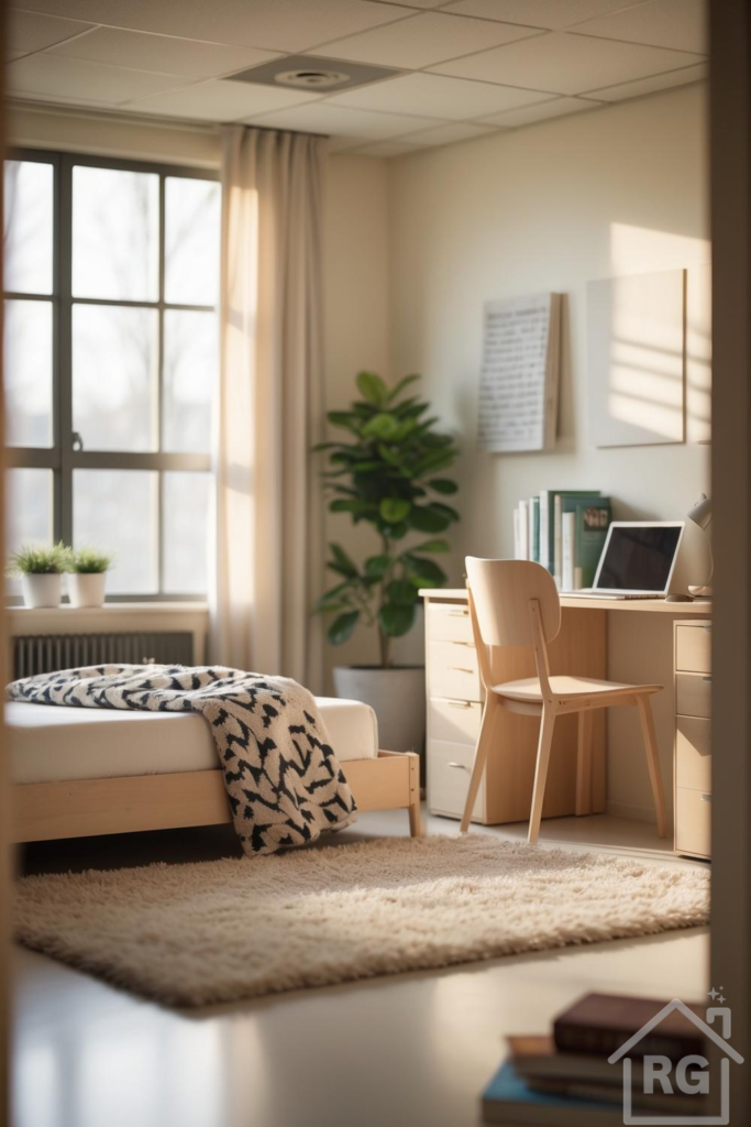 A bright and airy college dorm room featuring a light wood bed frame with a patterned throw blanket, a shaggy beige rug, and a matching light wood desk and chair. A large potted plant sits beside the desk, and natural light streams in through a large window with sheer curtains.
