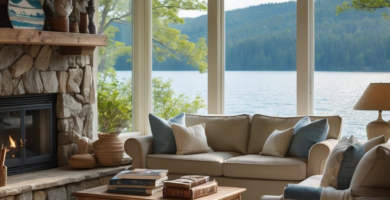 A cozy lakehouse living room featuring a large stone fireplace, comfortable beige sofas, and a rustic wooden coffee table. Expansive windows offer stunning views of a serene lake and forested mountains.