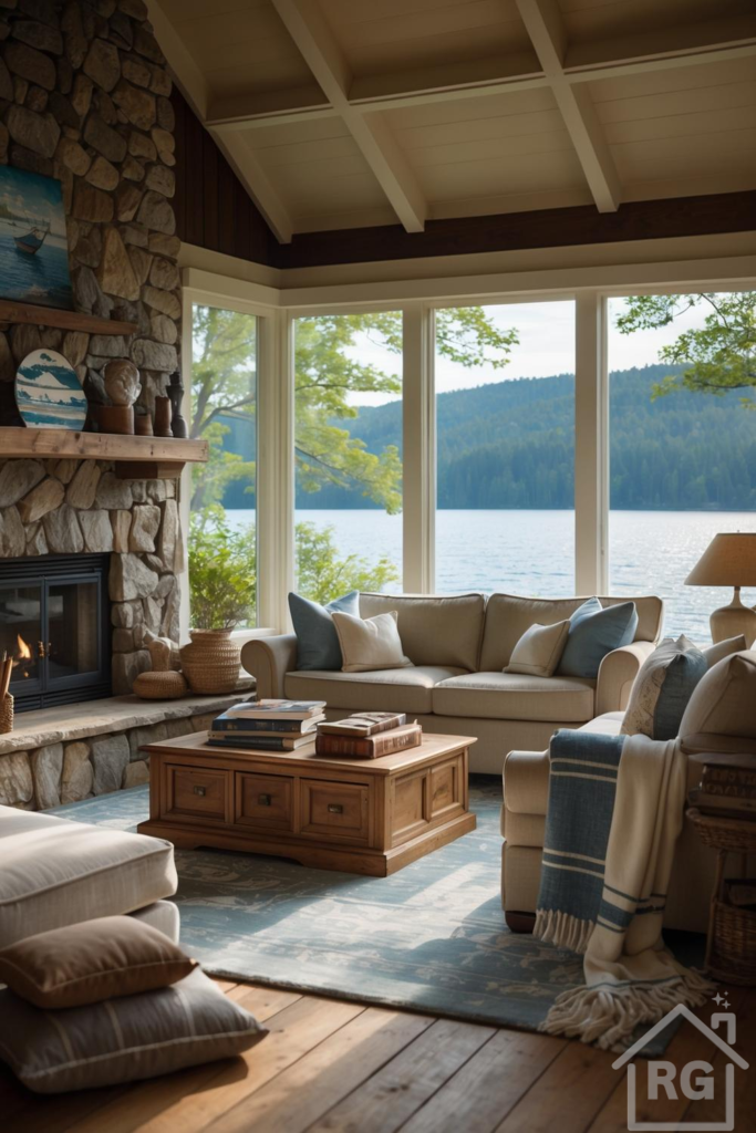 A cozy lakehouse living room featuring a large stone fireplace, comfortable beige sofas, and a rustic wooden coffee table. Expansive windows offer stunning views of a serene lake and forested mountains.