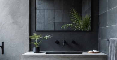 A minimalist industrial Japandi bathroom featuring dark grey tiles, a textured light grey concrete wall, and a floating concrete vanity. A black-framed mirror, matte black fixtures, and natural wood accents from a stool and bamboo bath mat complete the serene space.
