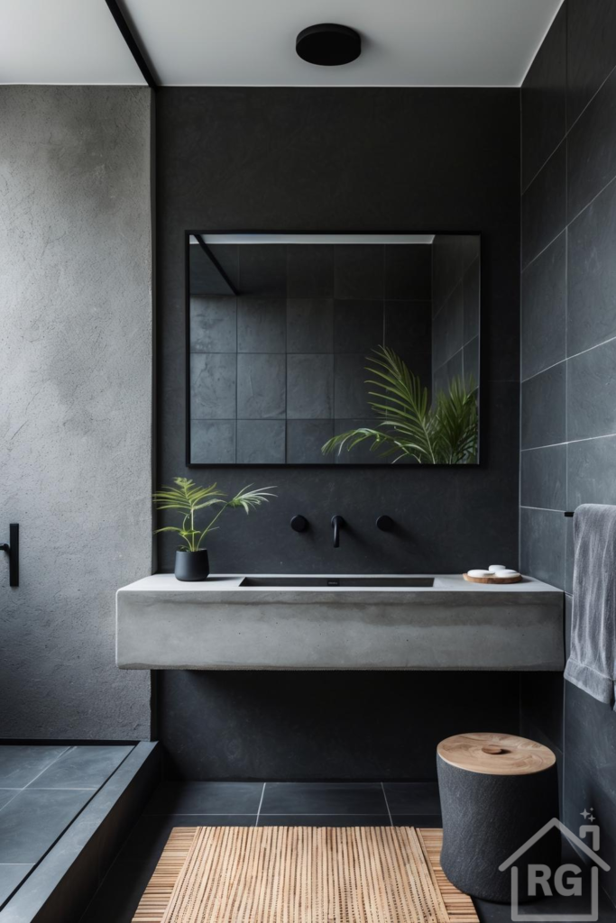 A minimalist industrial Japandi bathroom featuring dark grey tiles, a textured light grey concrete wall, and a floating concrete vanity. A black-framed mirror, matte black fixtures, and natural wood accents from a stool and bamboo bath mat complete the serene space.