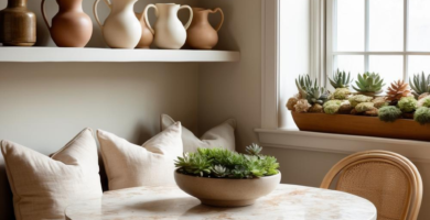 A cozy breakfast nook featuring a round marble-top table, built-in banquette seating with linen cushions, and rattan chairs. Floating shelves display a collection of ceramic pitchers, and succulent arrangements adorn the table and windowsill, creating a warm, natural aesthetic.