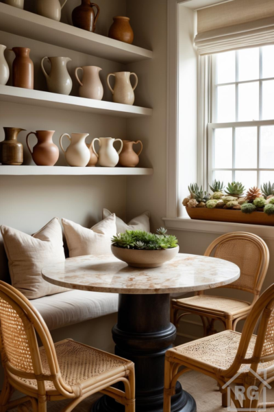 A cozy breakfast nook featuring a round marble-top table, built-in banquette seating with linen cushions, and rattan chairs. Floating shelves display a collection of ceramic pitchers, and succulent arrangements adorn the table and windowsill, creating a warm, natural aesthetic.