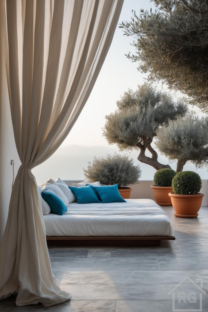 A serene Mediterranean-style patio features a luxurious outdoor daybed with white and teal pillows, framed by flowing beige curtains. Large potted olive trees and spherical shrubs in terracotta planters adorn the grey stone tiled floor, overlooking a distant mountain landscape.