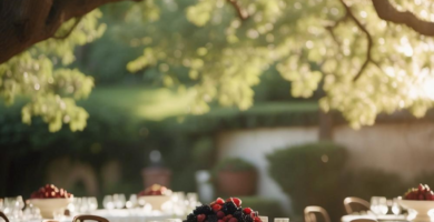 An elegant outdoor dining area set up under a large shade tree, featuring round tables with white tablecloths, classic wooden chairs, and fruit bowl centerpieces on a stone paver patio.