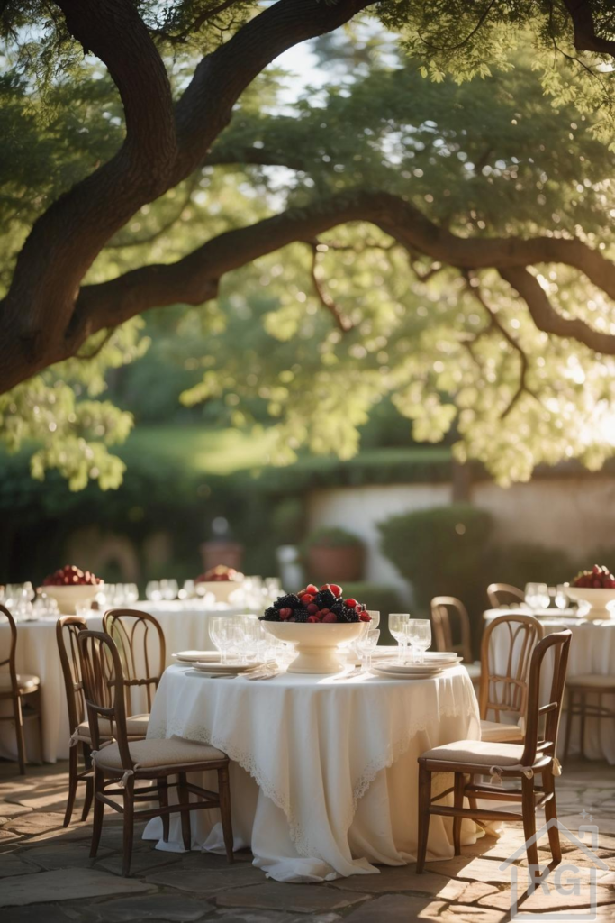 An elegant outdoor dining area set up under a large shade tree, featuring round tables with white tablecloths, classic wooden chairs, and fruit bowl centerpieces on a stone paver patio.
