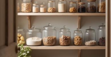 A well-organized walk-in pantry featuring light wooden shelves filled with clear glass jars of various dried goods. Below, woven baskets hold fresh produce and a natural fiber rug lies on the light-colored floor.