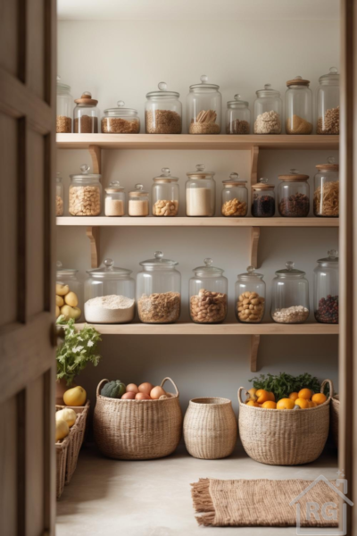 A well-organized walk-in pantry featuring light wooden shelves filled with clear glass jars of various dried goods. Below, woven baskets hold fresh produce and a natural fiber rug lies on the light-colored floor.